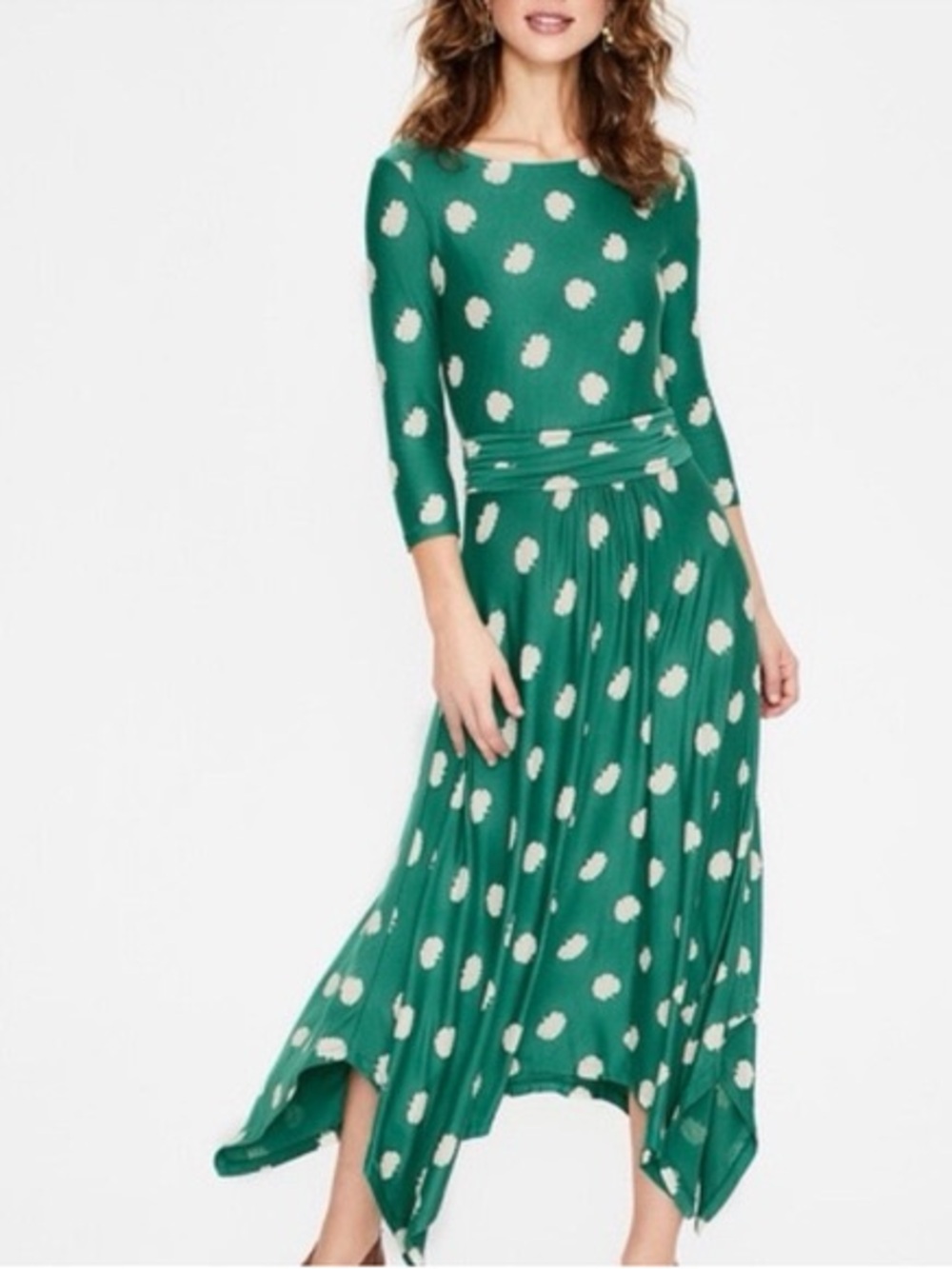Boden Maisie Matte Green White Polka Dot Jersey Midi Dress